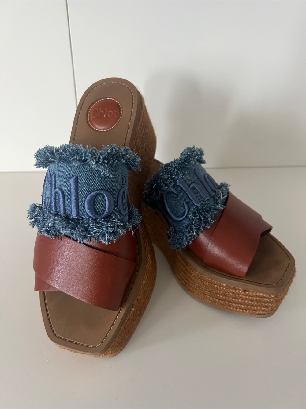 Chloe Blue Denim Fringe & Brown Leather Wedge Sandals